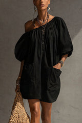 Off-the-Shoulder Midi Dress with Puff Sleeves & Pockets - Boho Summer Dress with Black Buttons
