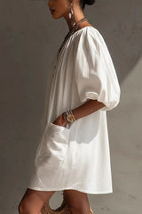 Off-the-Shoulder Midi Dress with Puff Sleeves & Pockets - Boho Summer Dress with Black Buttons