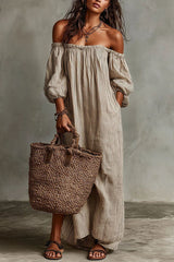 Off-Shoulder Midi Dress with Puffed Sleeves - Black & Cream Striped Bohemian Summer Dress