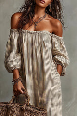Off-Shoulder Midi Dress with Puffed Sleeves - Black & Cream Striped Bohemian Summer Dress