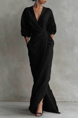 V-Neck Twist-Knot Maxi Dress with Puff Sleeves - Elegant Side-Slit Evening Gown