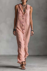 Sleeveless Button-Front Jumpsuit with High Leg Slit - Minimalist Wide-Leg Romper for Women