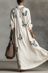 White Butterfly Print Shirt-Collar Maxi Dress - Casual Elegant V-Neck Loose Dress for Summer