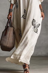 White Butterfly Print Shirt-Collar Maxi Dress - Casual Elegant V-Neck Loose Dress for Summer