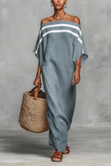Off-Shoulder Striped Maxi Dress with Grey Accents - Relaxed Bohemian Summer Dress