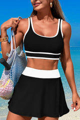 Sporty Two-Tone Skirted Bikini Set with U-Neck Crop Top