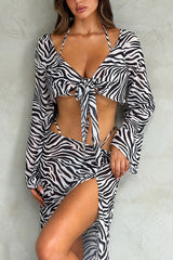 Animal Print Bikini & Mesh Cover-Up Outfit, Tie-Front Cropped Top + Cutout Waist Skirt Set