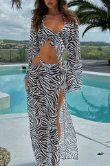 Animal Print Bikini & Mesh Cover-Up Outfit, Tie-Front Cropped Top + Cutout Waist Skirt Set