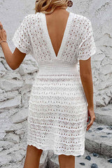 White Crochet Knit Cover-Up Dress, V-Neck Smocked Waist Short Sleeve Beach Dress