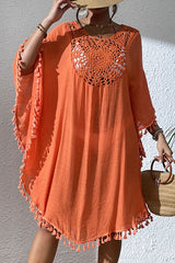 Orange Crochet Neck Tassel Trim Beach Cover-Up, Loose Batwing Sleeve Kaftan Dress