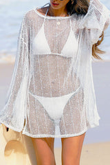 Oversized White Mesh Knit Long Sleeve Beach Cover-Up Tunic