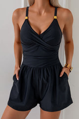 Black Twist Front Swim Romper with High Waist Shorts