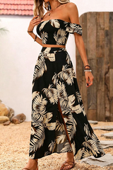 Tropical Leaf Print Off-Shoulder Two-Piece Crop Top & Maxi Skirt Set