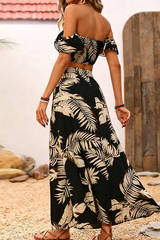 Tropical Leaf Print Off-Shoulder Two-Piece Crop Top & Maxi Skirt Set
