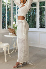 White Crochet Lace-Up Bell Sleeve Two-Piece Skirt Set