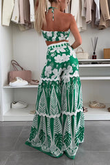 Green Tropical Print Halter Neck Two-Piece Crop Top & Tiered Maxi Skirt Set
