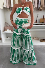 Green Tropical Print Halter Neck Two-Piece Crop Top & Tiered Maxi Skirt Set