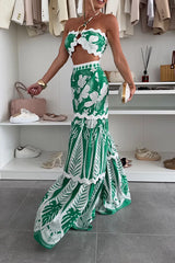Green Tropical Print Halter Neck Two-Piece Crop Top & Tiered Maxi Skirt Set