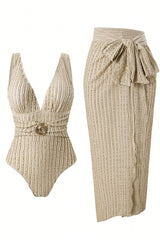 Green Deep V-Neck One-Piece Swimsuit with Gold Buckle & Printed Sarong Cover-Up Set