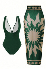 Green Deep V-Neck One-Piece Swimsuit with Gold Buckle & Printed Sarong Cover-Up Set