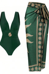 Green Deep V-Neck One-Piece Swimsuit with Gold Buckle & Printed Sarong Cover-Up Set