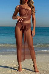 2-Piece One Shoulder Ruched Bikini Set with Mesh Cover-Up Skirt