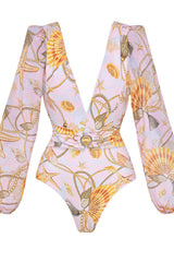 Pink Ocean Print Maxi Dress, V-Neck Long Sleeve Gold Buckle Waist Vacation Dress