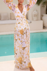 Pink Ocean Print Maxi Dress, V-Neck Long Sleeve Gold Buckle Waist Vacation Dress