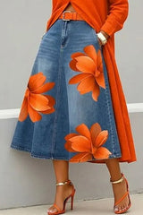 Large Floral Print High Waist A-Line Denim Midi Skirt