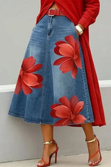 Large Floral Print High Waist A-Line Denim Midi Skirt