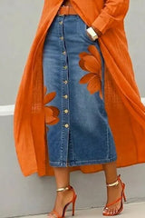 Large Floral Print High Waist Button Front Denim Midi Skirt