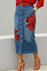 Large Floral Print High Waist Button Front Denim Midi Skirt