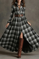 Vintage Plaid Flannel Long Sleeve Maxi Shirt Dress