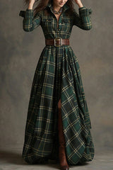 Vintage Plaid Flannel Long Sleeve Maxi Shirt Dress