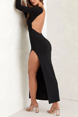 Sexy Cut-Out Bodycon Maxi Dress – Long Sleeve High Slit Elegant Evening Dress for Women