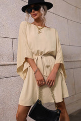 Elegant Batwing Sleeve Mini Dress – Loose Fit Waist Tie Casual Chic Dress