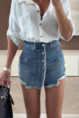 High Waist Button Front Denim Skirt – Distressed Casual Mini Skirt