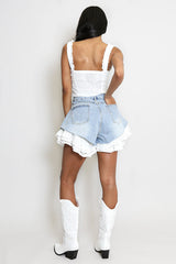High Waist Denim Shorts with Lace Hem – Casual Chic Summer Shorts