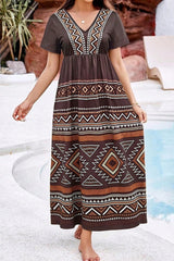 Boho Print Maxi Dress – Casual V Neck Ethnic Style Flowy Summer Dress