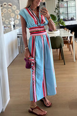 Boho Striped Two-Piece Set – V-Neck Top & Maxi Skirt Summer Outfit
