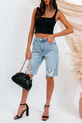 High Waist Distressed Denim Shorts – Casual Loose Fit Ripped Shorts