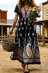 Boho Print Maxi Dress – Casual V Neck Ethnic Style Flowy Summer Dress