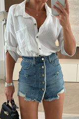 High Waist Button Front Denim Skirt – Distressed Casual Mini Skirt