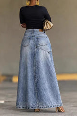 High Waist Denim Maxi Skirt – Asymmetrical Split Casual Long Skirt