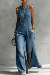 Vacation Blue Halter Collar Split Western Pocket Denim Jumpsuits