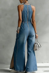 Vacation Blue Halter Collar Split Western Pocket Denim Jumpsuits