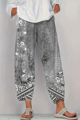 Vintage Inspired Floral Wide-Leg Trousers - Artistic Print Relaxed Fit Lounge Pants for Women