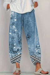 Vintage Inspired Floral Wide-Leg Trousers - Artistic Print Relaxed Fit Lounge Pants for Women