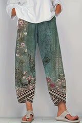 Vintage Inspired Floral Wide-Leg Trousers - Artistic Print Relaxed Fit Lounge Pants for Women