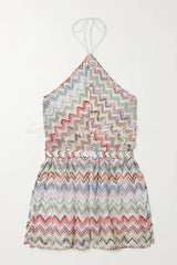 Juney Knit Colorful Zigzag Pattern Halter Neck Slit Wide Leg Loose Romper